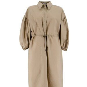 Brunello Cucinelli Midi Dress Monili Techno Cotton Poplin Tan Size XS